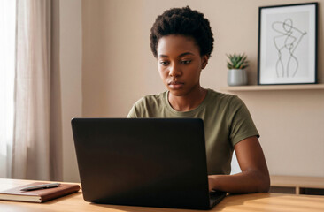Fototapeta premium Focused African woman working on a laptop at a desk in her modern home. Remote job, study, and freelance