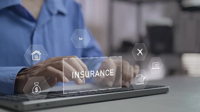 Insurance and insurtech concept. Person typing keyboard with health, family, car, travel and financial protection icons, digital insurance services, risk management and smart coverage solutions.