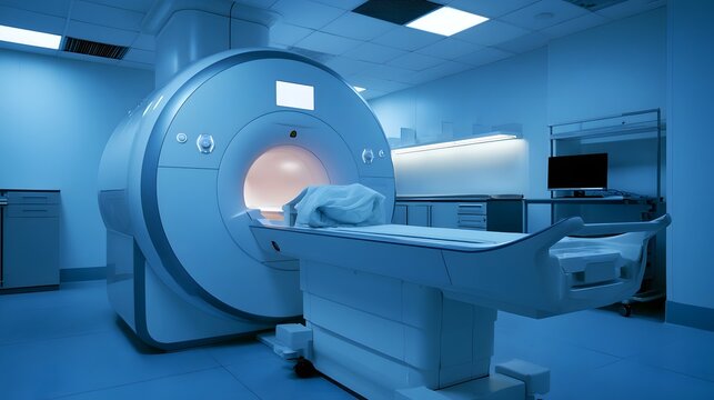 A precise medical imaging hine is softly illuminated conveying a sense of trustworthiness and advanced healthcare technology