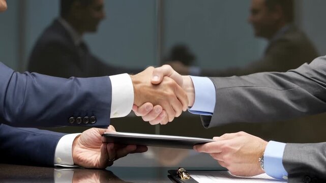Offering folder, left man in suit handing document at meeting table, closing deal with handshake