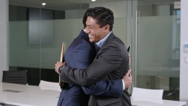 Celebrating deal, two suited men handshaking while exchanging manila folder and pen in meeting room