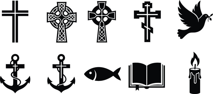 Christian Religious Symbols Icon Set Featuring Celtic and Orthodox Crosses Holy Bible Ichthys Fish Dove Anchor and Burning Candle Black Vector Silhouettes
