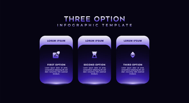 Dark purple business infographic template showcasing a 3 step workflow timeline. Elegant glass design with numbered icons, flowchart elements, presentation graphs and strategic process visualization.