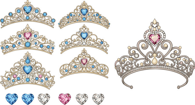 PrintLuxury princess tiara crown vector illustration collection featuring golden headpieces studded with heart-shaped diamonds blue sapphires and pink gems isolated on white background