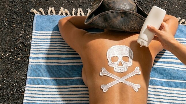 Aplica&ccedil;&atilde;o de protetor solar em formato de caveira e ossos cruzados nas costas de uma pessoa na praia