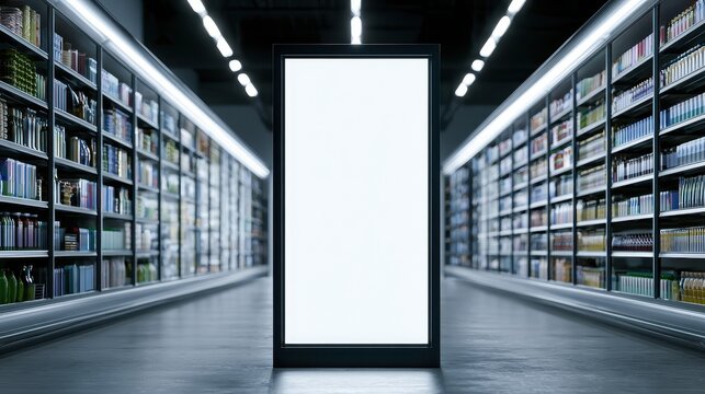 Blank vertical digital signage in supermarket aisle mockup