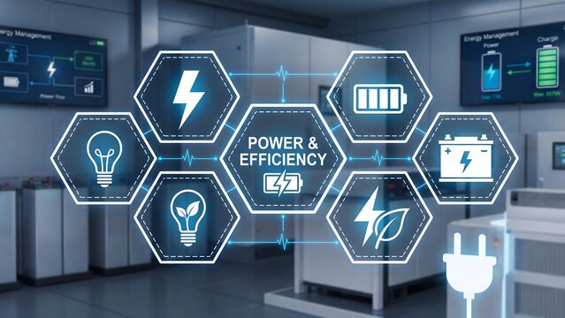 Digital interface displaying power and efficiency icons with glowing blue hexagonal shapes inside a modern industrial energy management control center