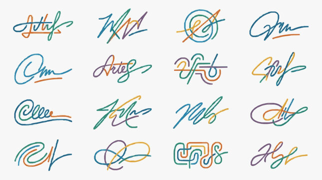 Collection of stylized signatures and abstract handwritten symbols.