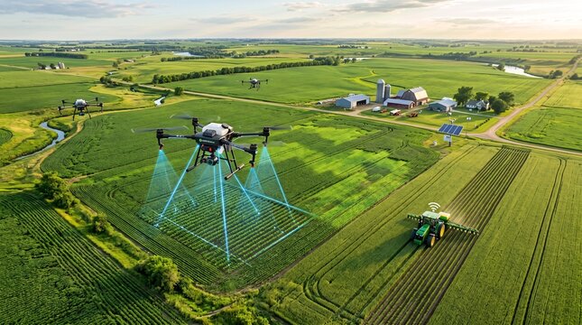 Drone spraying fertilizer over agricultural field with tractor
