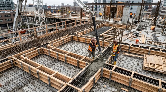 Trabalhadores despejando concreto em uma obra de constru&ccedil;&atilde;o civil