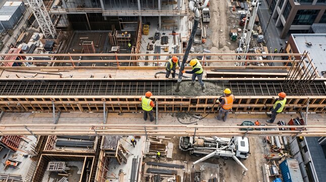 Trabalhadores da constru&ccedil;&atilde;o civil despejando concreto em obra