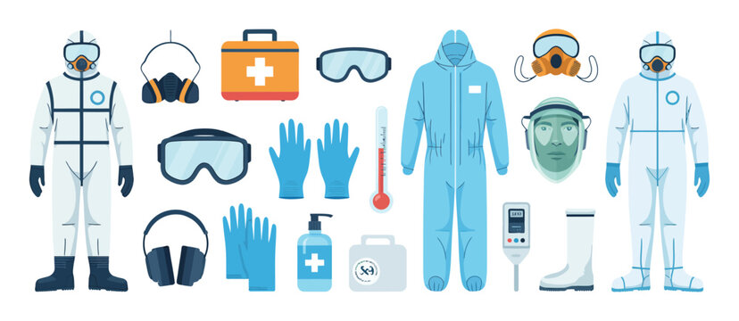 Medical PPE icon collection with masks, gloves, goggles, sanitizer, thermometer, and first aid supplies, representing healthcare protection, hygiene, and workplace safety.