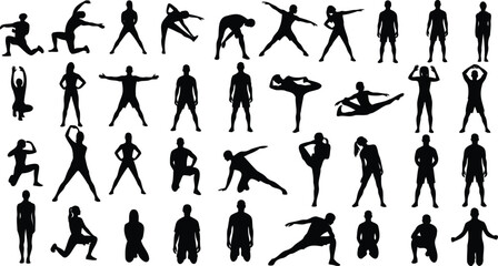 Fototapeta premium Silhouettes show people in various fitness poses.