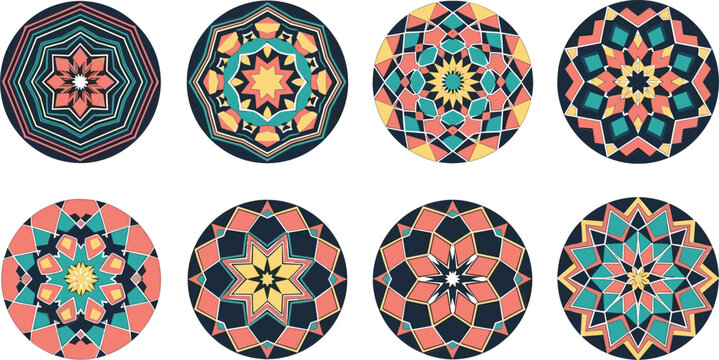 Geometric Mandala Circular Ornament Set with Colorful Abstract Kaleidoscope Patterns and Floral Symmetry Elements for Digital Art and Graphic Designs