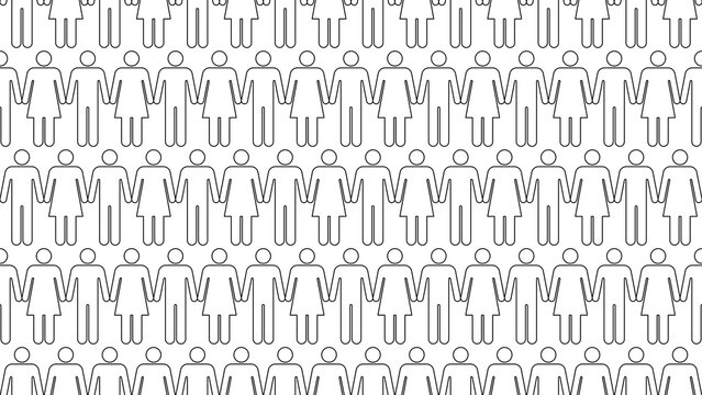 Stroke outline seamless pattern featuring hand-holding male and female figures on a transparent background for gender, population, and human themes. Seamless human icon pattern background.