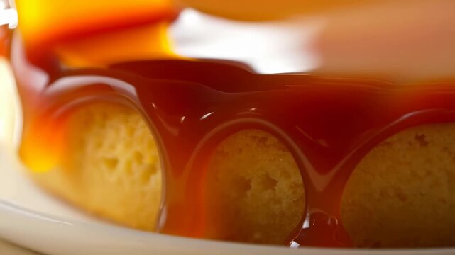 Close-up of a delicious caramel flan being drizzled with rich caramel sauce. A tempting dessert perfect for celebrations and indulgence
