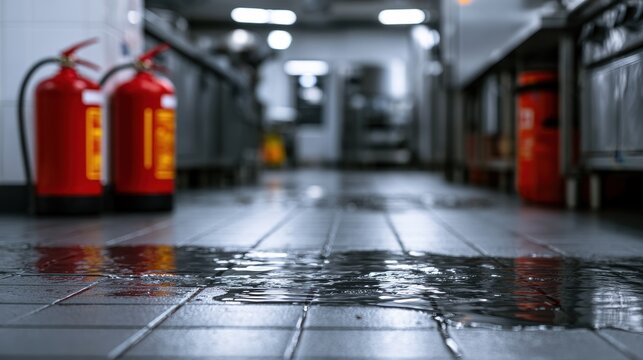 Wet tiled floor with puddles and red fire extinguishers in a commercial kitchen or industrial facility, low light conditions