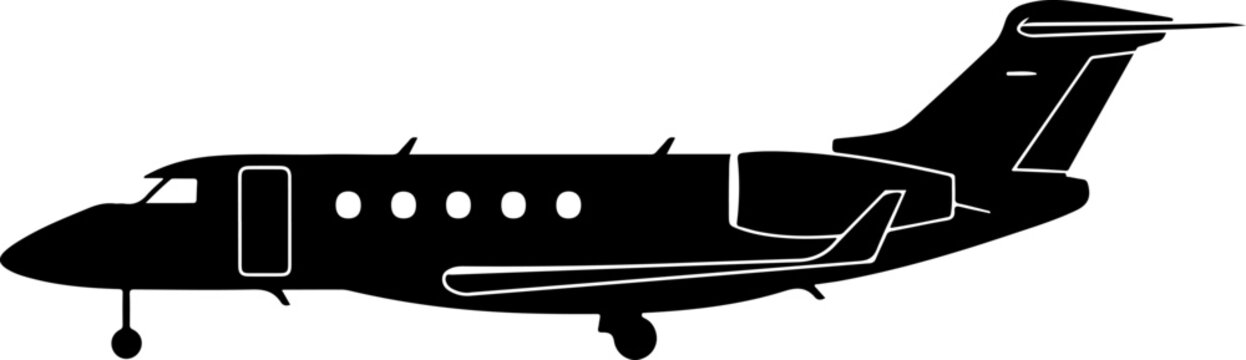 Black airplane, private jet, aircraft silhouette, vector plane