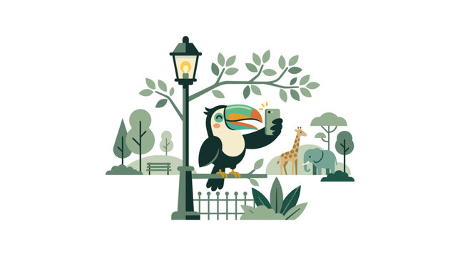 Toucan taking a selfie with smartphone at zoo, with giraffe and elephant in background