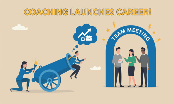 Coaching help, mentor or motivation to boost productivity, help manager support for career development, entrepreneur launch, woman ignite cannon to launch businessman