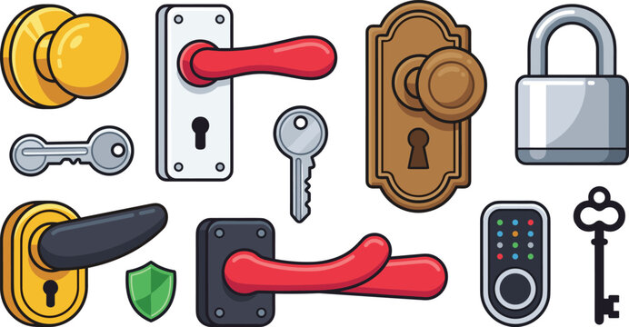 Door Handle and Lock Vector Illustration Set with Brass Knobs, Metal Padlock, Electronic Smart Keypad, Keys, and Security Protection Shield Icons