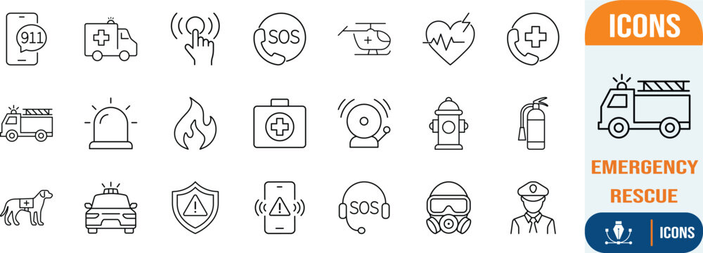 Emergency and rescue services outline icons. ambulance icon set, fire truck icon set, police car icon set
