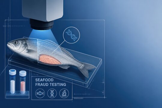 Blue 3D seafood fraud testing concept with fish inspection and laboratory analysis