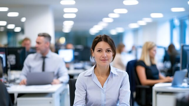 A professional business team collaborates effectively within a brightly lit modern office environment