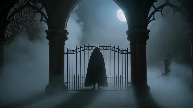 Moonlight brightening, cloaked figure stepping forward at gothic gate, fog revealing statue