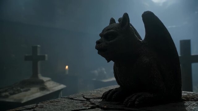 Pulling back camera, stone gargoyle crouching on slab at cemetery showing misty sky, ember, crosses
