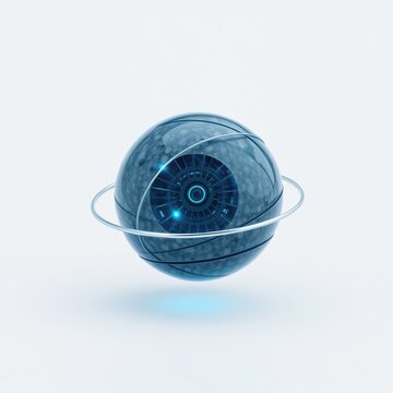 Futuristic orb design. Blue glowing rings surround spherical object. Technology concept, digital illustration, clean aesthetic.