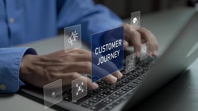 Customer journey concept. Person using laptop with customer experience and marketing icons, user engagement, purchase journey and digital marketing strategy.