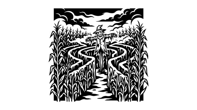 Scarecrow standing in cornfield landscape.