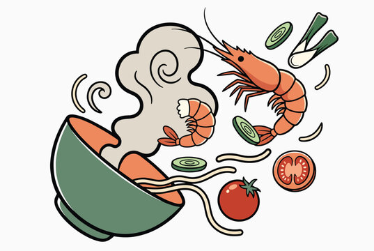 Fresh ingredients for a hot and spicy shrimp soup flying out of a green ceramic bowl on a clean white background.