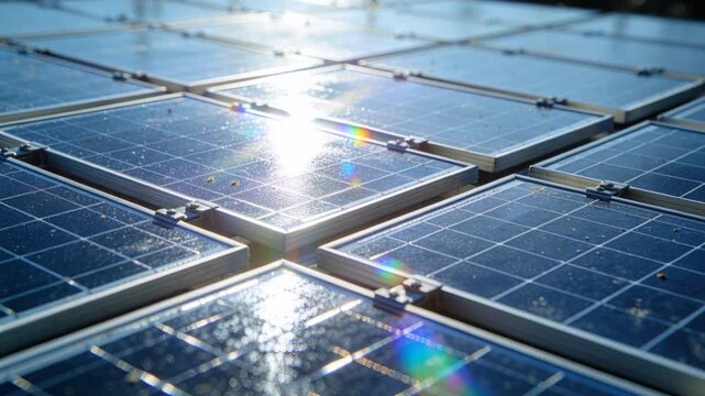 Camera shifting across solar panels, sun angle shifting, creating lens flare and droplets