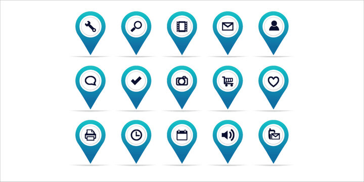 Web and business icons set inside blue map pointer pins on white background. Navigation and website UI vector elements with shadow.