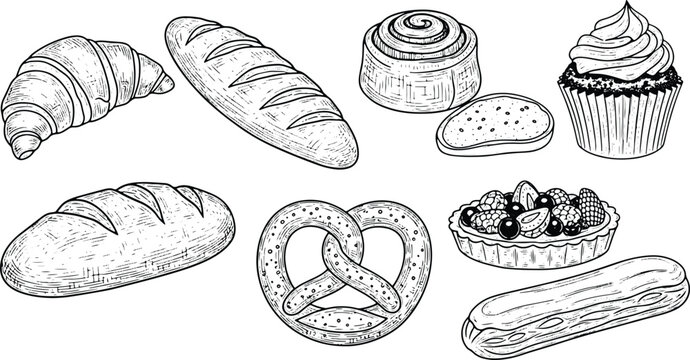 Hand Drawn Bakery Pastry Bread Dessert Collection Vintage Vector Food Set