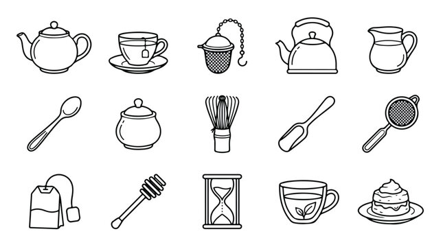 Minimalist tea ceremony icons, 15 black and white vector line art elements, teapot and matcha whisk set for cafe branding and menu design