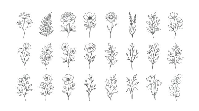 Minimalist botanical line art collection, 24 hand drawn floral sketches and wild flower icons, elegant black ink plant vector illustrations