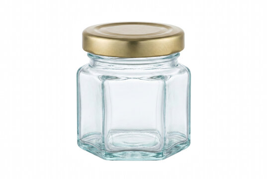 Hexagonal glass storage jar with metallic golden cap