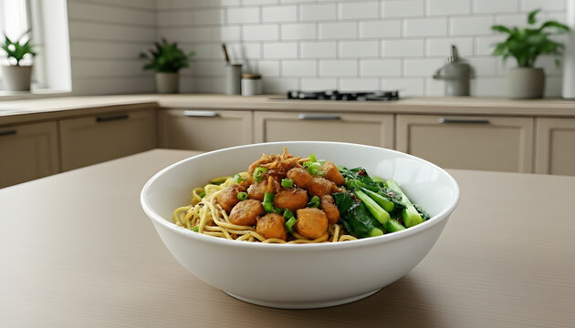 mie ayam indonesian chicken noodle in a white bowl on a Scandinavian style kitchen table.