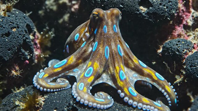 Blue-Ringed Octopus Displays Warning Colors on Rocky Seafloor