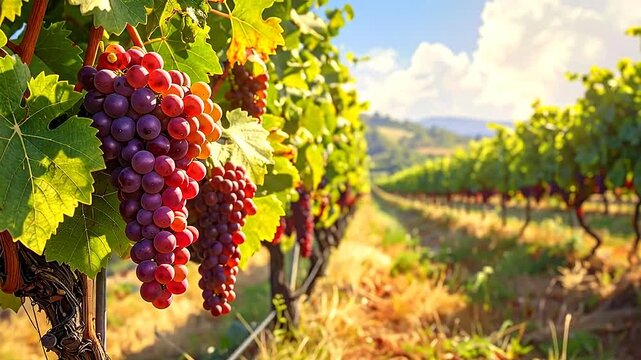 Ripe red grapes hanging on vines in a sunny vineyard