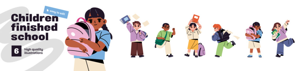 Children are happy about finishing school set. Cute students rejoice at summer vacations. Funny kids with backpacks have fun and jump for joy. Flat isolated vector illustration on white background