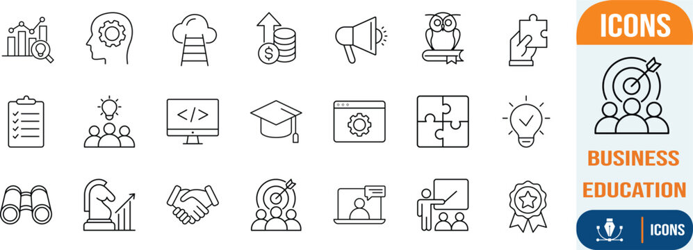 Business strategy education development line icons. lightbulb icon set, handshake icon set, megaphone icon set