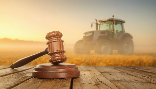 Wooden gavel on rustic table in harvest field with tractor background at sunset, representing agricultural law, land rights, and farming legislation during golden hour in rural landscape.