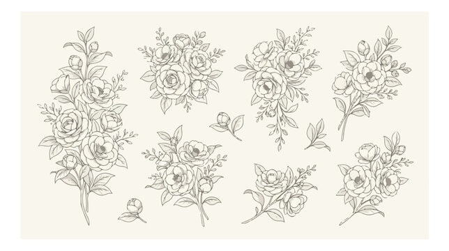 Vintage floral line art collection, elegant hand drawn flower bouquets vector set, botanical rose and peony sketches for wedding invitations