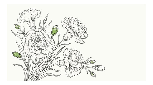 Vintage carnation flower line art illustration, elegant hand drawn floral bouquet with green buds, botanical vector sketch for wedding invitations