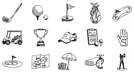 Golf sport equipment collection featuring club ball flag cart trophy and glove hand drawn vector illustration art design set for game match player athlete competition tournament course  © Afiya bano