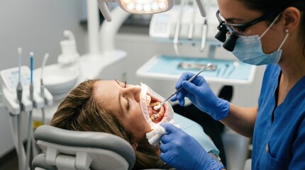 Fototapeta premium Dentist performing a dental procedure on a patient in a modern clinic